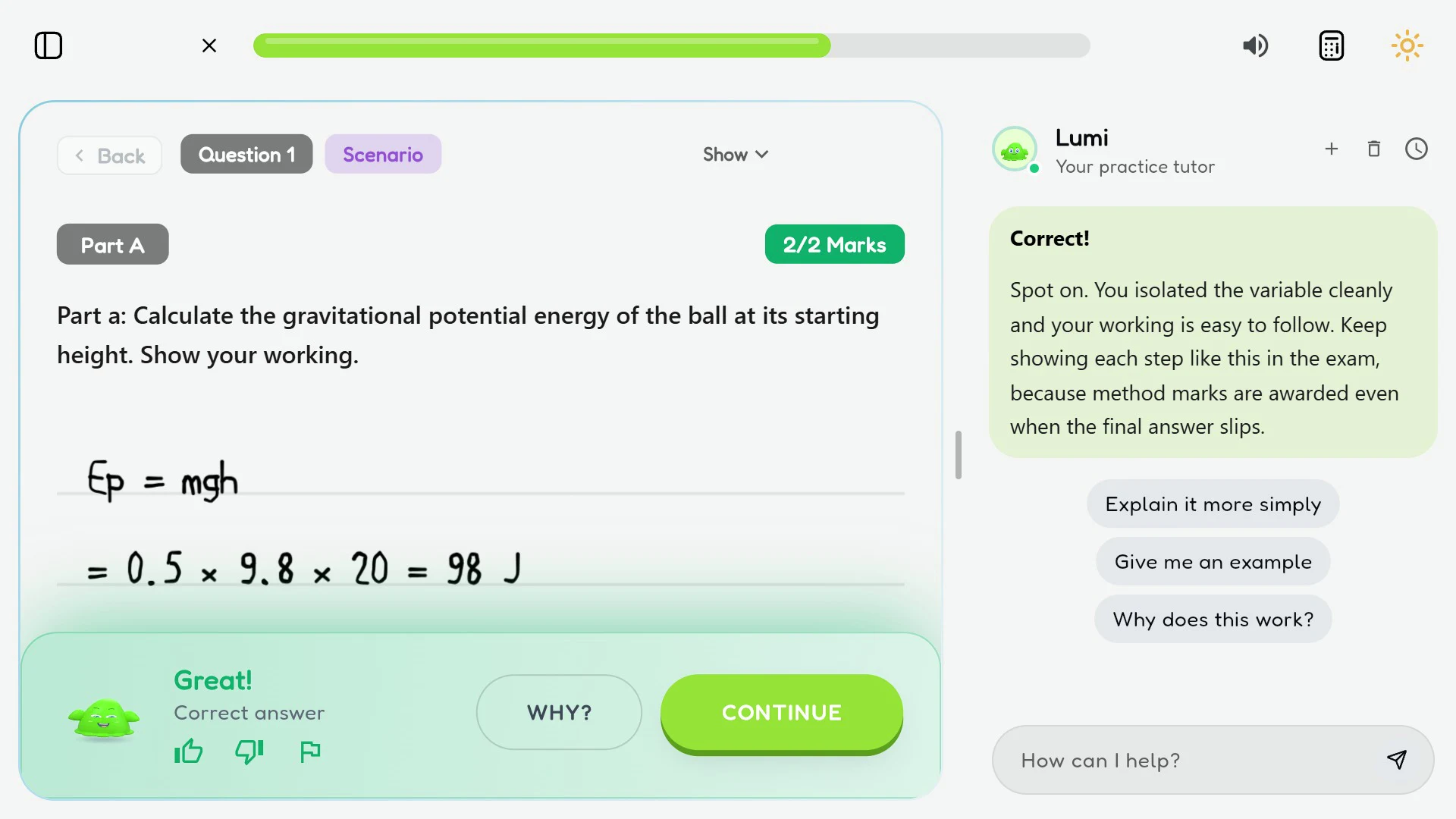 Practice mode: a handwritten answer marked 2 out of 2, with Lumi explaining why