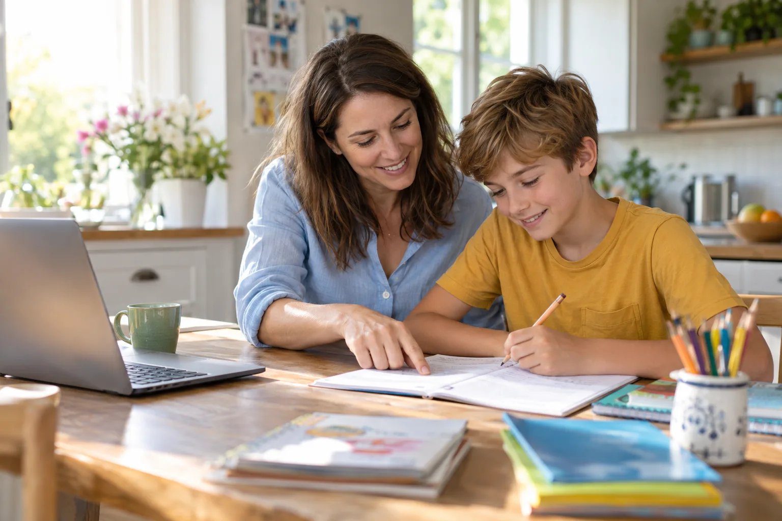 A parent and child working through a question together at the kitchen table