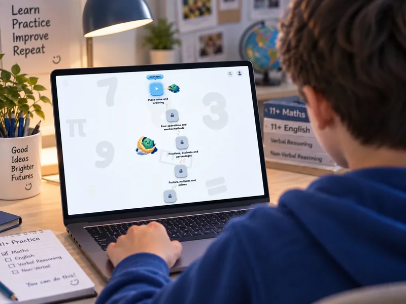 A child using the Ilmino 11+ learning tree on a tablet