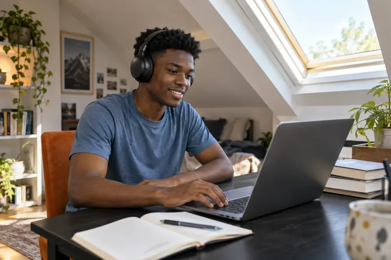 A student working on a laptop with headphones on